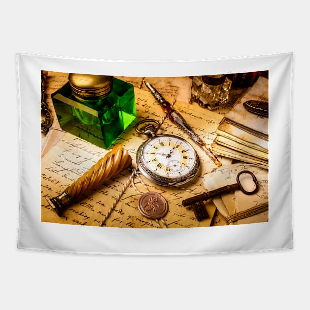 Pocket Watch And Green Ink Well Tapestry by photogarry