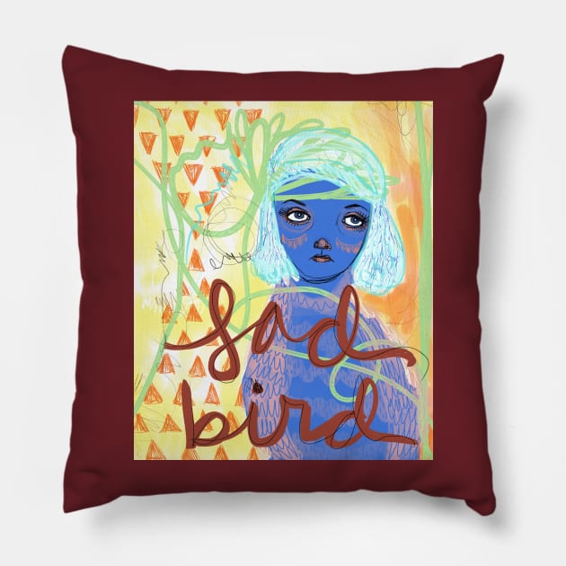 Sad Bird Girl: Artistic Fantasy Drawing Portrait Pillow by Tessa McSorley