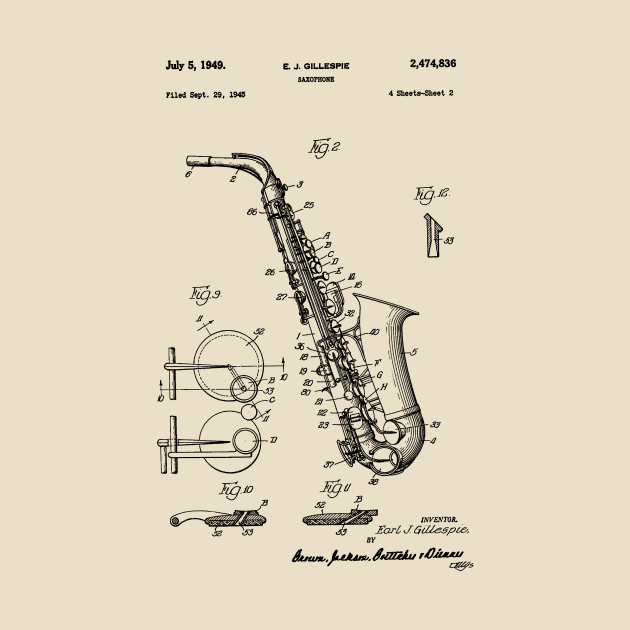 Saxophone Patent Drawing 1949 by Joodls