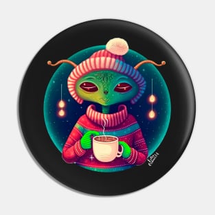 Christmas Funny Alien Drinking Coffee Wearing Sweater Pin