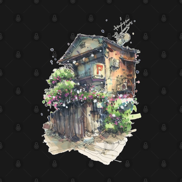 Japanese House With Flowers by Housesketcher