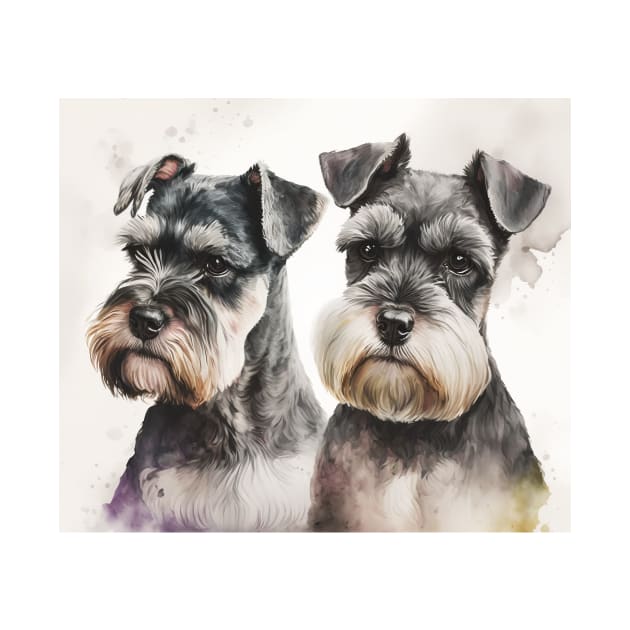 Two Miniature Schnauzers Playing Watercolour Painting by TheArtfulAI