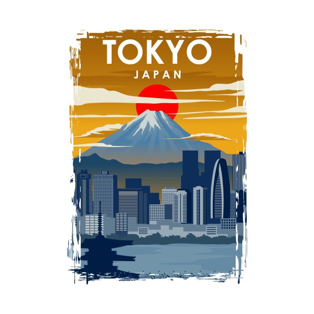 Japan Tokyo Mount Fuji Cityscape Vintage Minimal Travel Poster by jornvanhezik