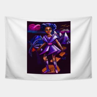 Anime girl with two puffs and lighting. Black afro anime girl in purple space fantasy scene ! beautiful  black girl with Braided hair, blue eyes, Cherry pink lips and dark brown skin. Hair love ! Tapestry