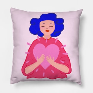 Blue hair girl with big pink heart Pillow