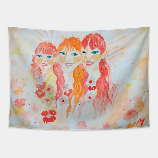 Drawing of Three Cute Fairies With Beautiful Hairs Tapestry by Maltez