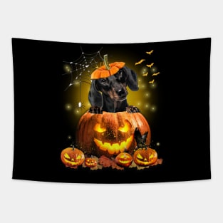 Black Dachshund Spooky Halloween Pumpkin Dog Head Tapestry