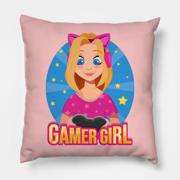 Gamer Girl Cute Digital Art Pillow by BrightLightArts