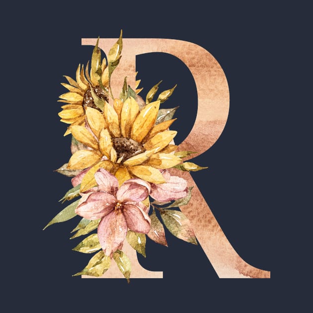 Watercolor sunflower bouquet monogram letter R by tiana geo