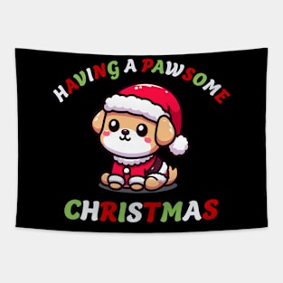 Having A Pawsome Christmas - Cute Santa Paws Puppy Holiday Tee Tapestry