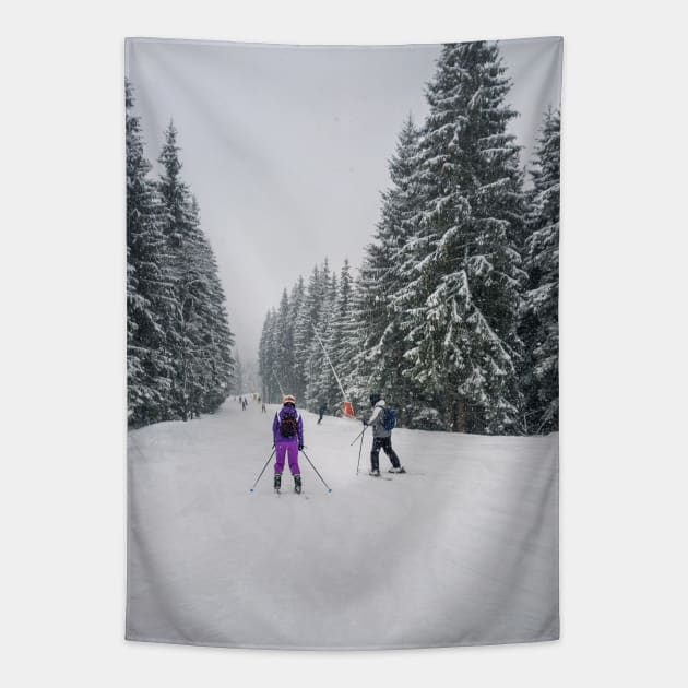 People skiing on the snowy slope Tapestry by psychoshadow