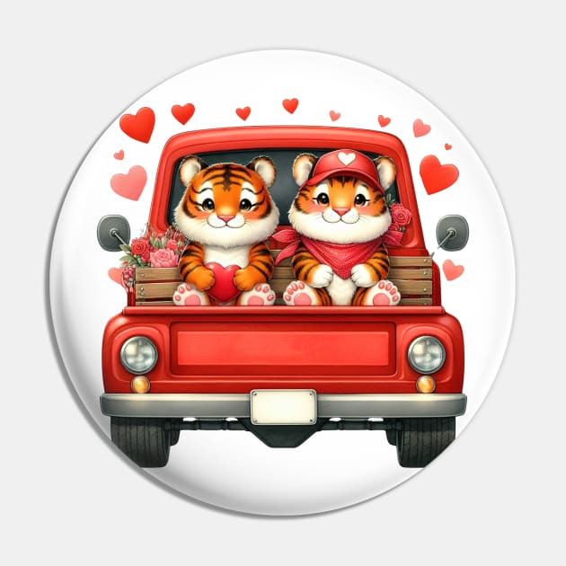 Valentine Tiger Couple Sitting On Truck Pin by Chromatic Fusion Studio