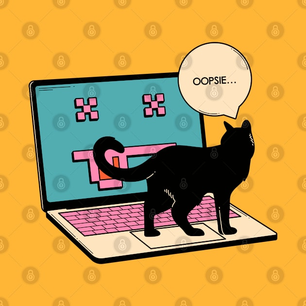 404 Error Laptop Black Cat in yellow by The Charcoal Cat Co.