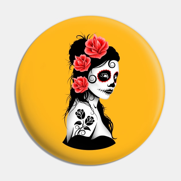 Red Day of the Dead Sugar Skull Girl Pin by jeffbartels