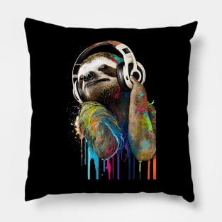 Sloth Painting - Sloth with Headphones Pillow