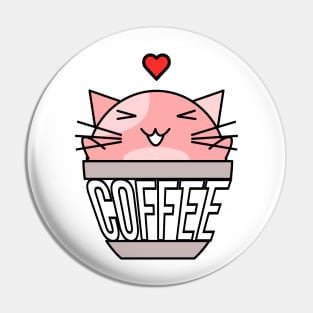 Happy cat in coffee cup with warped text heart on head pink Pin