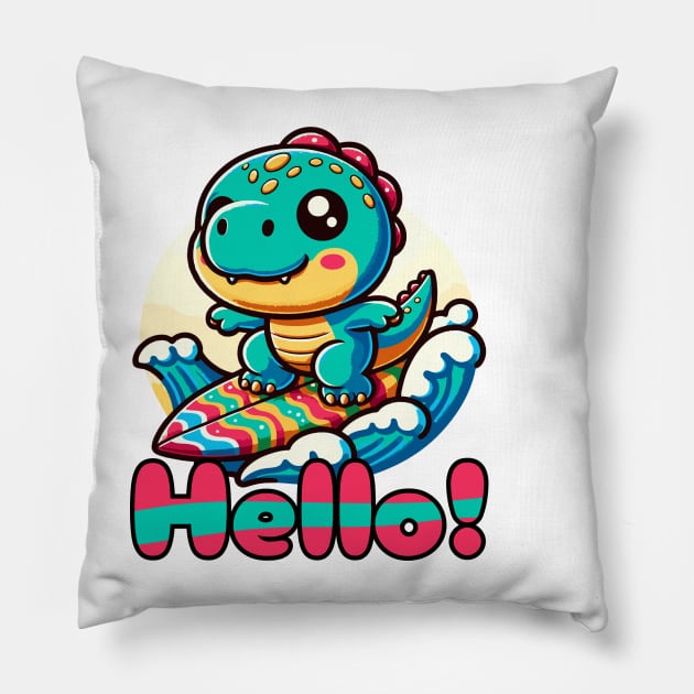 Kawaii Dinosaur Surfing Funny T-rex Pillow by sovadesignstudio