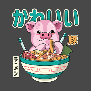 Kawaii Pig Enjoying Ramen T-Shirt