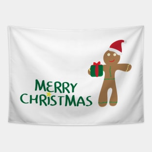 Merry Christmas logo with Yellow star, gingerbread man cookie wearing santa hat,  holding gift on white background Tapestry