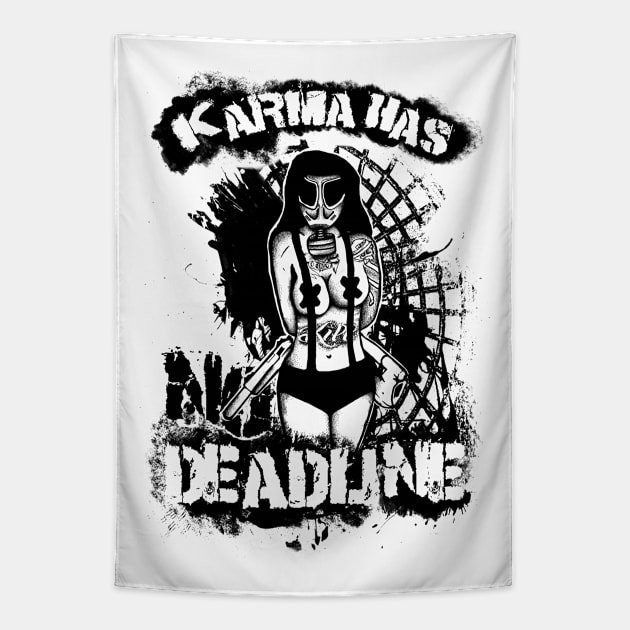 Pin-up Girl with Gasmask, Karma has no Deadline T-Shirt Tapestry by Lenny241