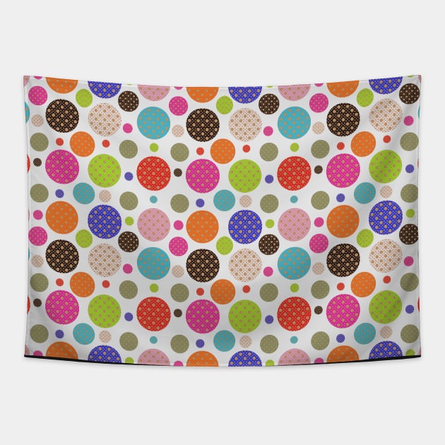 Polkadot Party. Lots of colored polkadots in a bright and fun design. Each little polkadot also contains a retro style pattern. Tapestry by innerspectrum