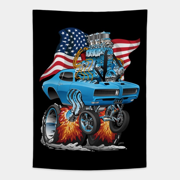 Patriotic Sixties American Muscle Car with USA Flag Cartoon Tapestry by hobrath
