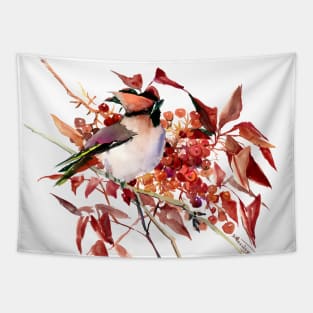 Waxwing Bird and Berries Tapestry