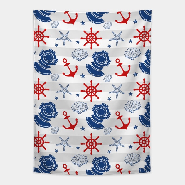 Nautical Wheel Anchor Pattern Red Blue Grey Tapestry by dreamingmind