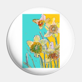 Abstract Yellow Daffodil Watercolor Pattern on Aqua Pin