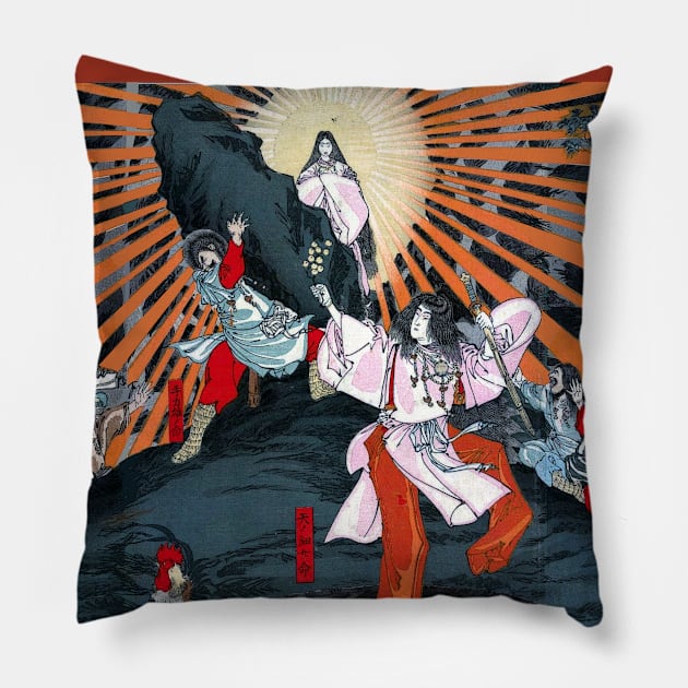 Amaterasu at the heavenly rock cave Pillow by Mosaicblues