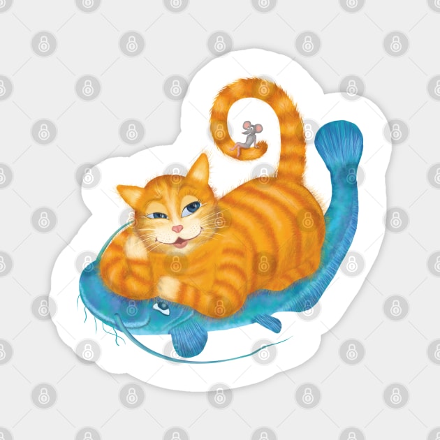 Orange tabby cat and blue catfish floating in a sea of joy Magnet by andreeadumez