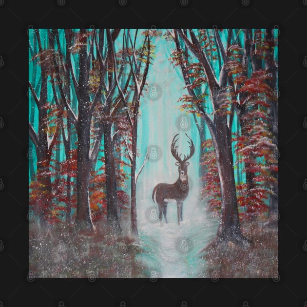 White Tail Deer, Buck Fall/Winter Art, Fall Red & Orange Leaves, Misty Teal background, Beautiful Gifts available on many products by tamdevo1
