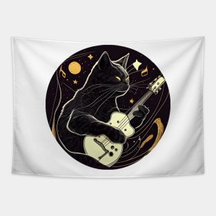 Funny Black Cat Playing Guitar - Love Cats Tapestry