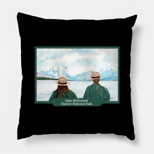 Lake McDonald, Glacier National Park Rangers Watercolor Pillow by MMcBuck