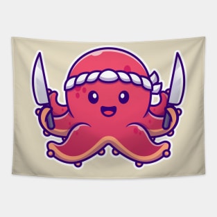 Octopus Chef Holding Knife Cartoon Tapestry