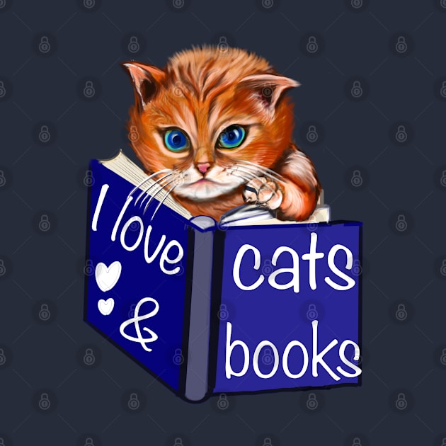 I love cats and books- blue eyed Kitten reading a book. White background. Book Reading themed gifts for lovers of book by Artonmytee