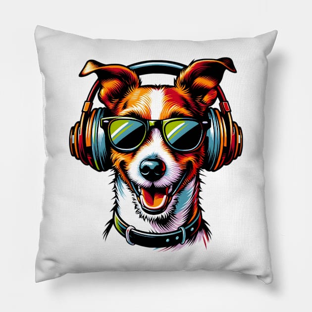 Smiling Russell Terrier DJ Enjoys Music in Japanese Style Pillow by ArtRUs