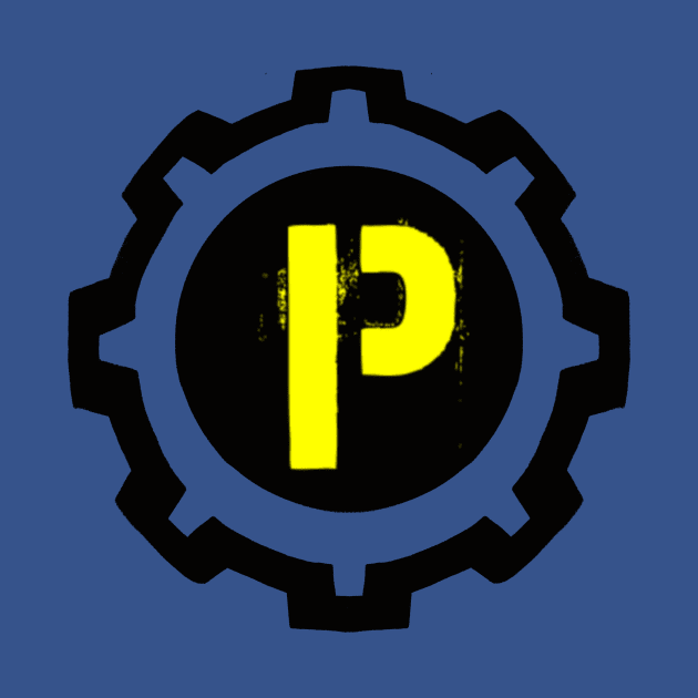 Yellow Letter P in a Black Industrial Cog by MistarCo