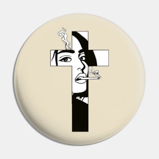 Cross of Jesus with a woman smoking a cigarette Pin