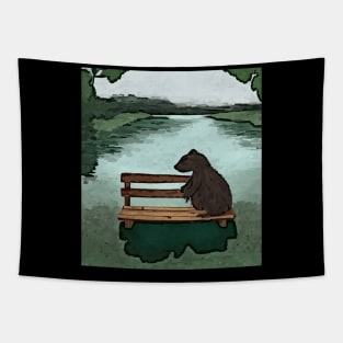 watercolor groundhog on park bench by lake Tapestry