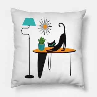 Retro Kitty Pouncing on a Mid Century Table Pillow