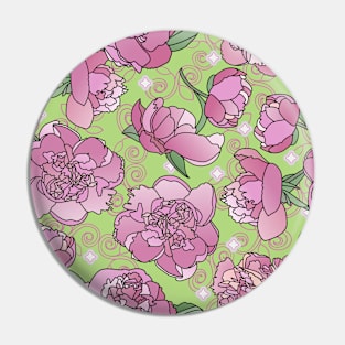 Pink Peonies with Swirls and Diamonds on Soft Green Pin