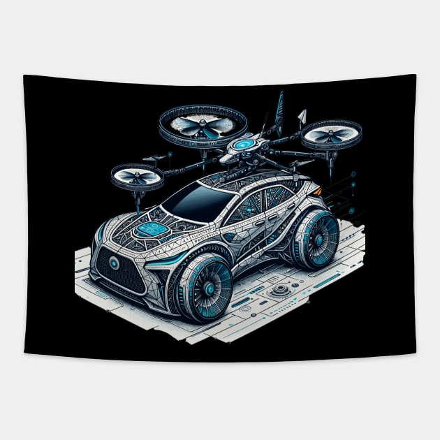 Autonomous Skyway: AI-Piloted Drone Car Tapestry by Graphic Wonders Emporium