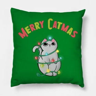 Merry Catmas Cat wrappaed in Christmas Lights Pillow