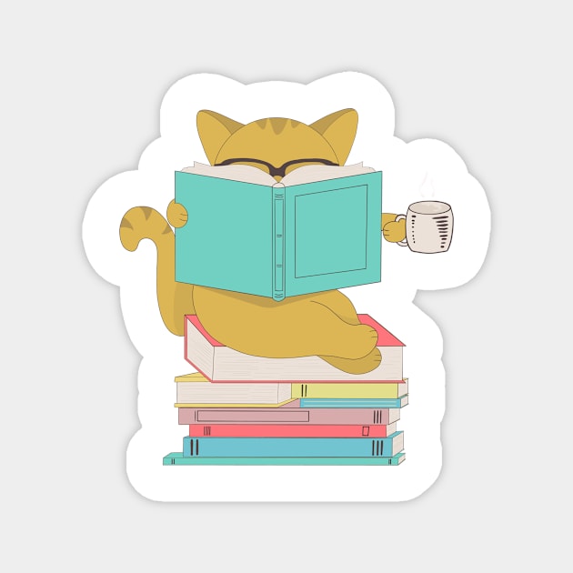 Cat with glasses drinking coffee or tea and reading book Magnet by gogo-jr