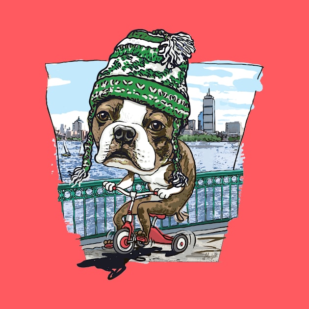 Boston Terrier Dog with Green, White and Black Winter Beanie by Mudge