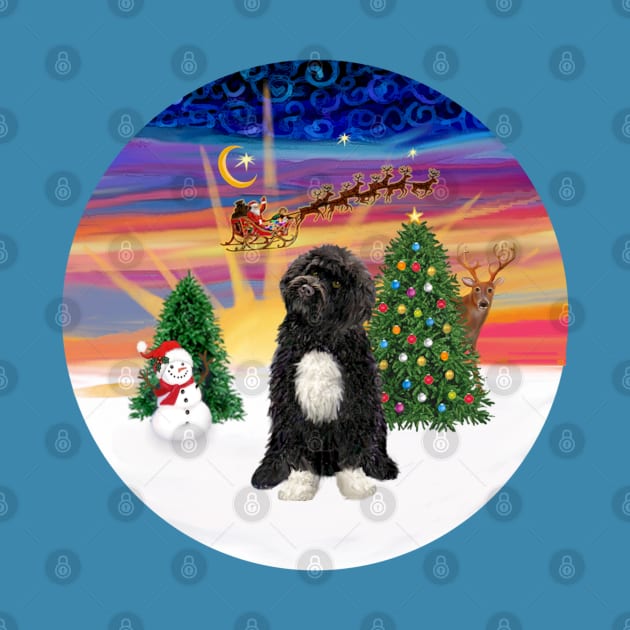 "Christmas Magic" with a Portuguese Water Dog (black-white bib/paws) by Dogs Galore and More