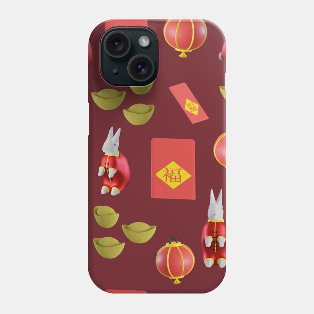 3d rendered rabbit wearing red cheongsam with red envelope and gold chinese yuanbao and aldo chinese lantern seamless pattern perfect for chinese new year 2023 design Phone Case by maricetak