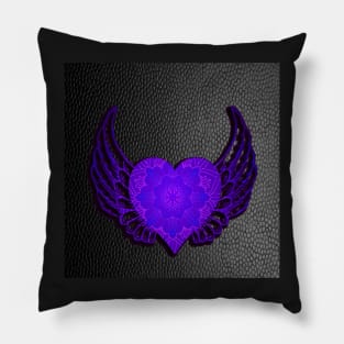 Heart on Faux Black Leather Look, Graphic Mandala Design Angel Valentines Day Gifts Pillow