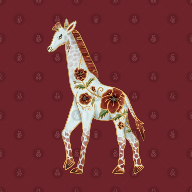 Albino Giraffe with Red Poppy Flowers by narwhalwall